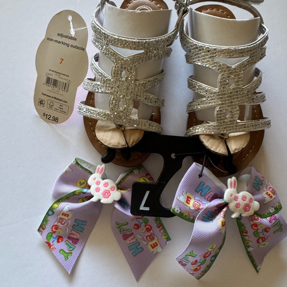 wonder nation Silver Glitter Strappy Sandals with Lavender Bunny Ribbon Bows